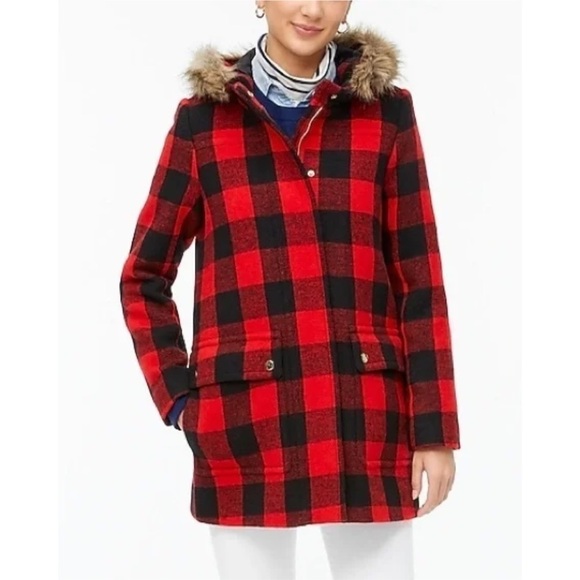 Nwt J. Crew Vail Wool Blend Peacoat Buffalo Check Fur Festive Holiday Size 0 - Picture 1 of 9